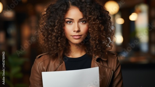 A beautiful woman holding a blank white piece of paper. Generative AI. 