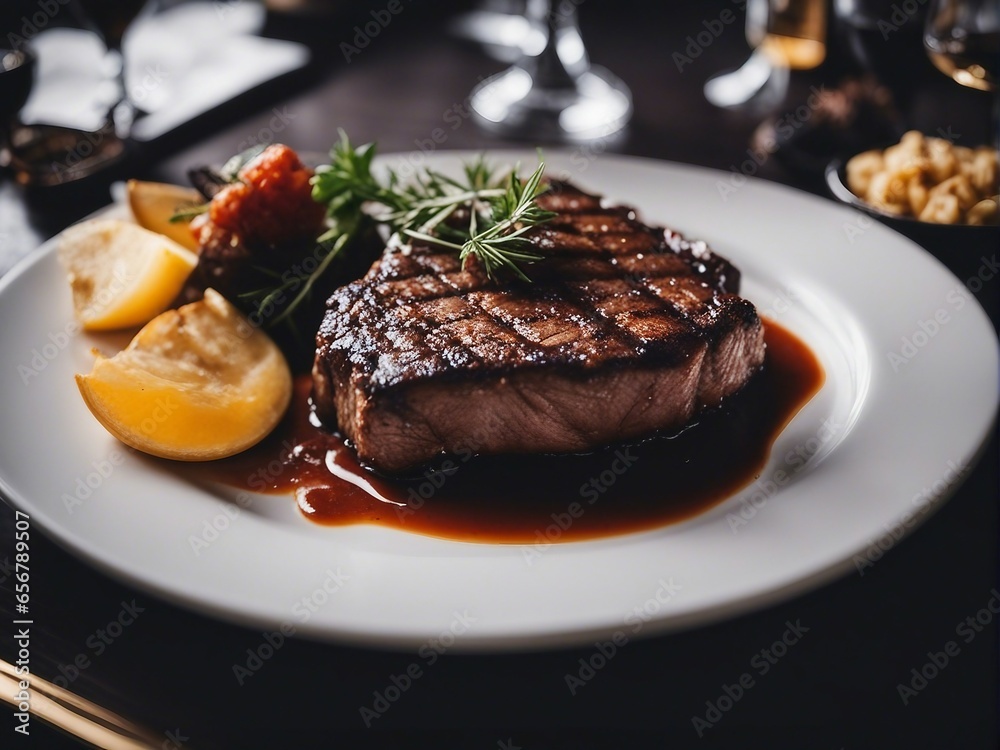 grilled steak with vegetables in plate at luxury restaurant
grilled steak with vegetables in plate at luxury restaurant