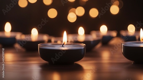 decorative meditation candles burning in the dark, blurry background
