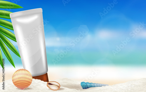 Sunscreen tube on beach with palm branch and seashells. Vector illustration.