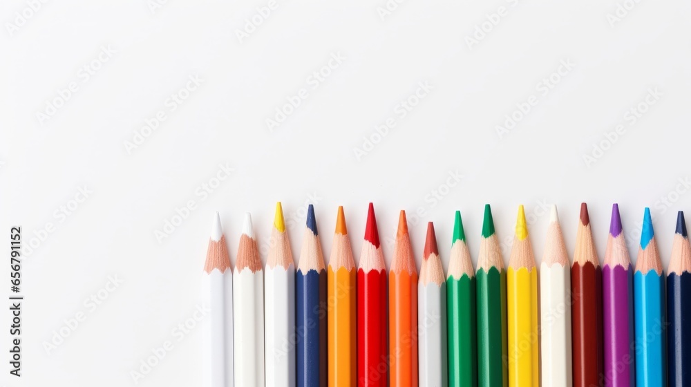A set of colored pencils on a plain empty white background. Generative AI. A set of colored pencils on a plain empty white background. Generative AI.