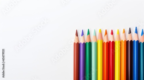 A set of colored pencils on a plain empty white background. Generative AI. 
