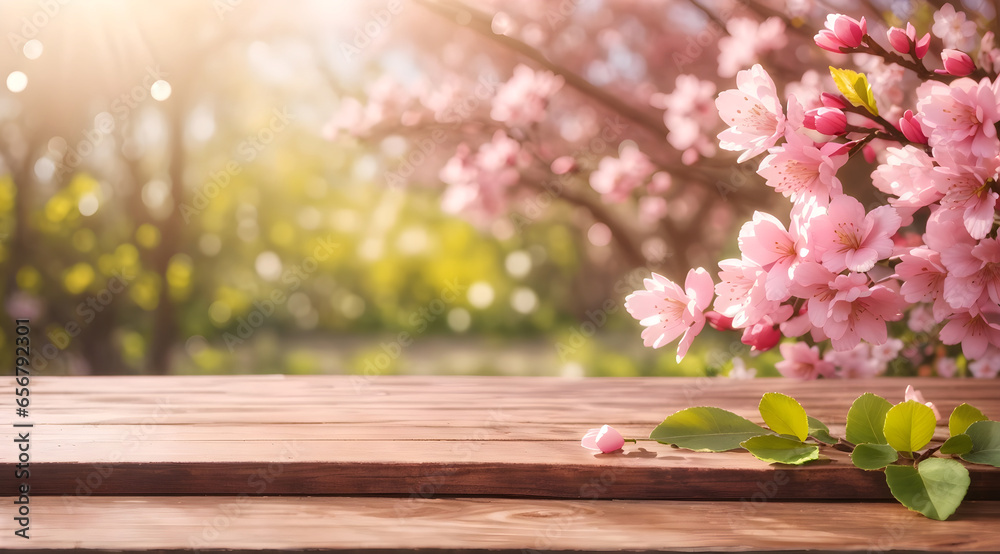 Wooden table and blurred spring background with pink blossoms and sunbeams Wooden table and blurred spring background with pink blossoms and sunbeams