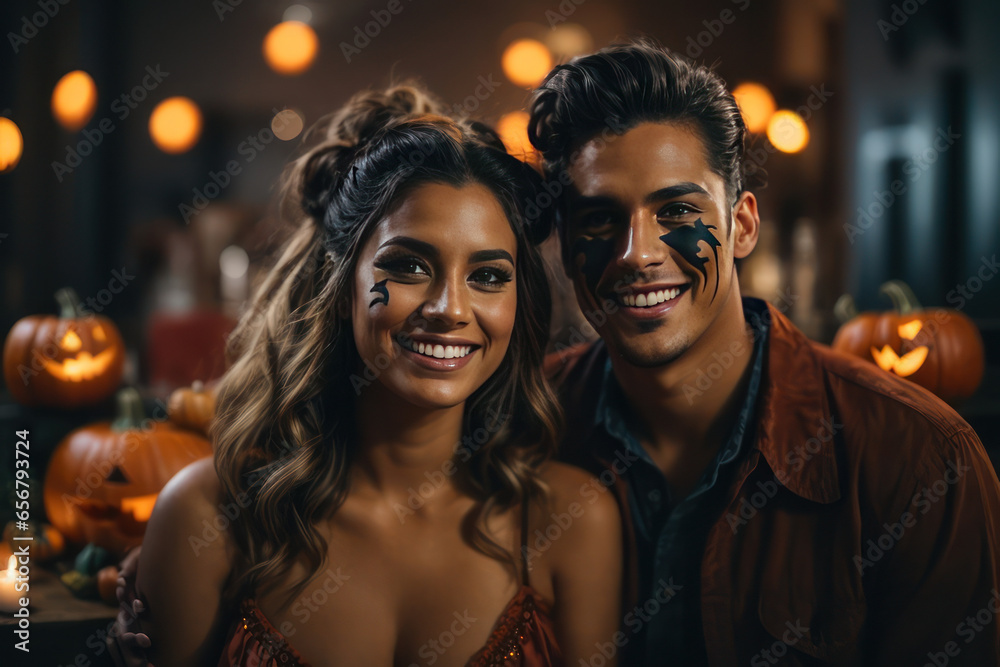 portrait of a happy couple smiling with make-up and Halloween costume, concept Religion and Culture, generative ai portrait of a happy couple smiling with make-up and Halloween costume, concept Religion and Culture, generative ai