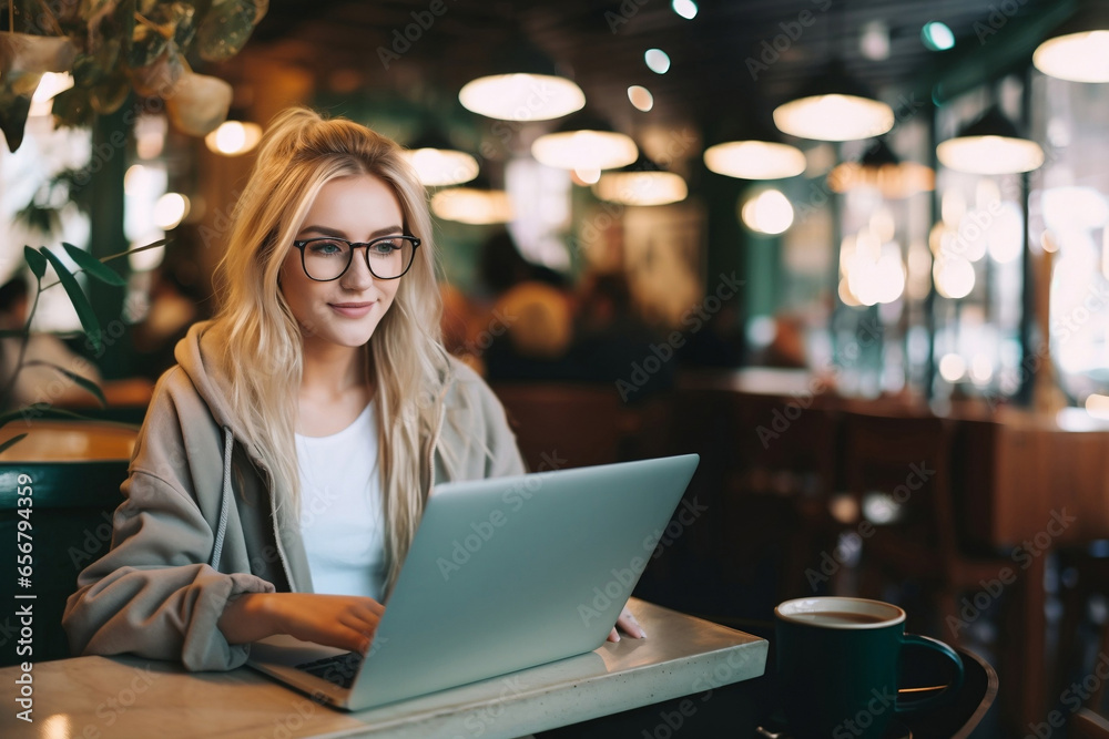 Portrait of one young beautiful woman using laptop on table in coffee shop having fun surfing the net indoor. Millennial girl wearing glasses looking at screen
Portrait of one young beautiful woman using laptop on table in coffee shop having fun surfing the net indoor. Millennial girl wearing glasses looking at screen