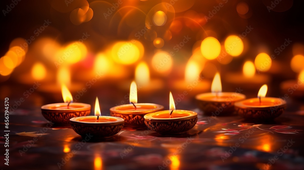 Beautiful lit candles for Diwali, or Festival of Lights. Generative AI. Beautiful lit candles for Diwali, or Festival of Lights. Generative AI.
