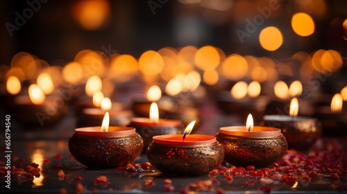 Beautiful lit candles for Diwali  or Festival of Lights. Generative AI. 