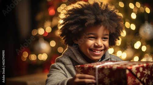 Young Black Toddler Boy Excitedly Unwrapping His Christmas Present on Christmas Eve, generative AI, fictional person not based on a real person © Max