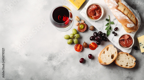 Aperitif of cheese, delicatessen, fruits and wine, top view. Generative AI