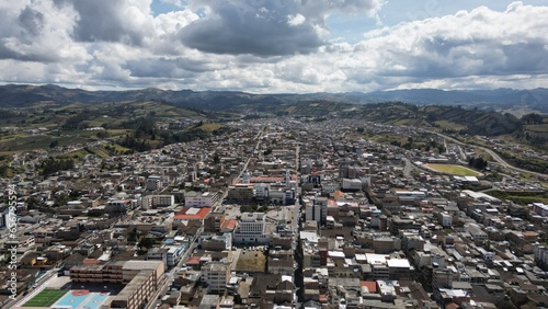 Tulcan is the capital of the province of Carchi located in Ecuador, aerial shot of the town in a sunny day.