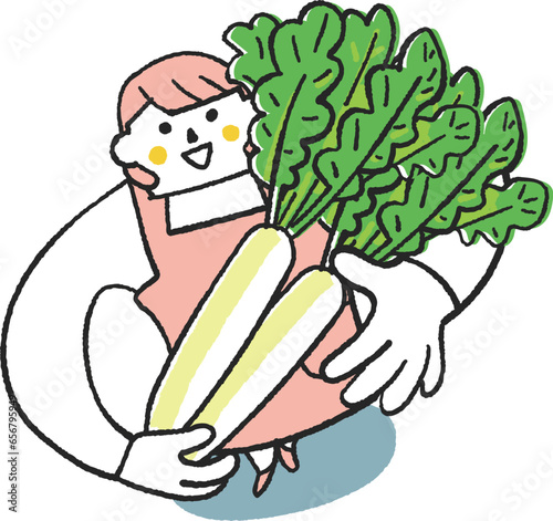 立派な大根を持ってこちらを見上げるエプロン姿の女性または主婦　イラスト素材
