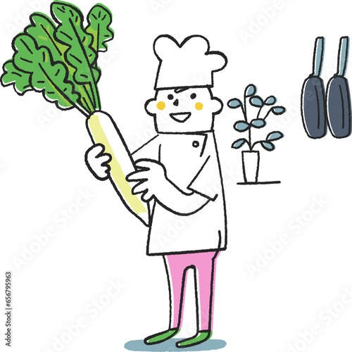 立派な大根を持ってこちらを見上げるコックまたは料理人　イラスト素材
