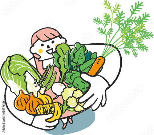 秋冬撒き野菜　秋冬野菜を沢山抱えてこちらを見上げるエプロン姿の女性または主婦　イラスト素材
