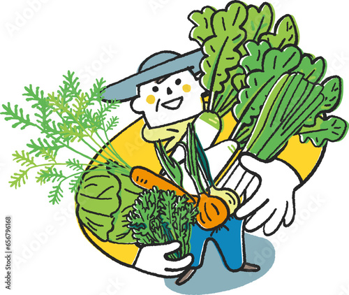 秋冬撒き野菜　秋冬野菜を沢山抱えてこちらを見上げる農家さんまたは家庭菜園をする人　イラスト素材
