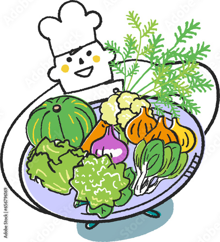 秋冬撒き野菜　秋冬野菜を沢山抱えてこちらを見上げるコックまたは料理人　イラスト素材
