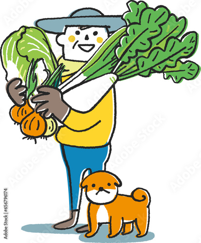 秋冬撒き野菜　秋冬野菜を沢山抱えた農家さんまたは家庭菜園をする人　イラスト素材
