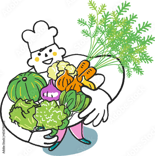 秋冬撒き野菜　秋冬野菜を沢山抱えてこちらを見上げるコックまたは料理人　イラスト素材
