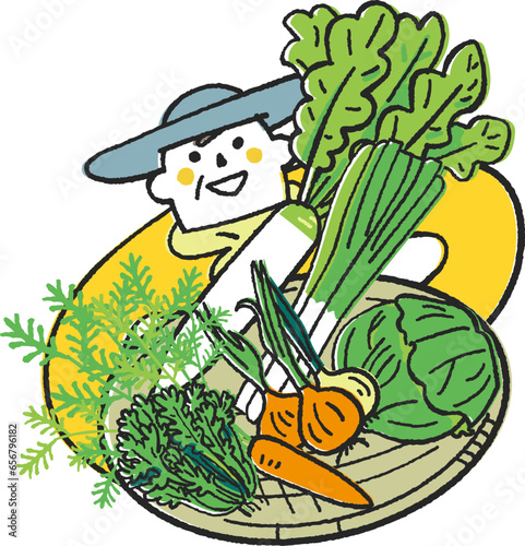 秋冬撒き野菜　秋冬野菜を沢山抱えてこちらを見上げる農家さんまたは家庭菜園をする人　イラスト素材
