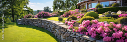 Landscape design of home garden with retaining wall, panoramic banner