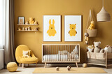 Stylish yellow matte scandinavian newborn baby room with two brown wooden mock up poster frame and toys