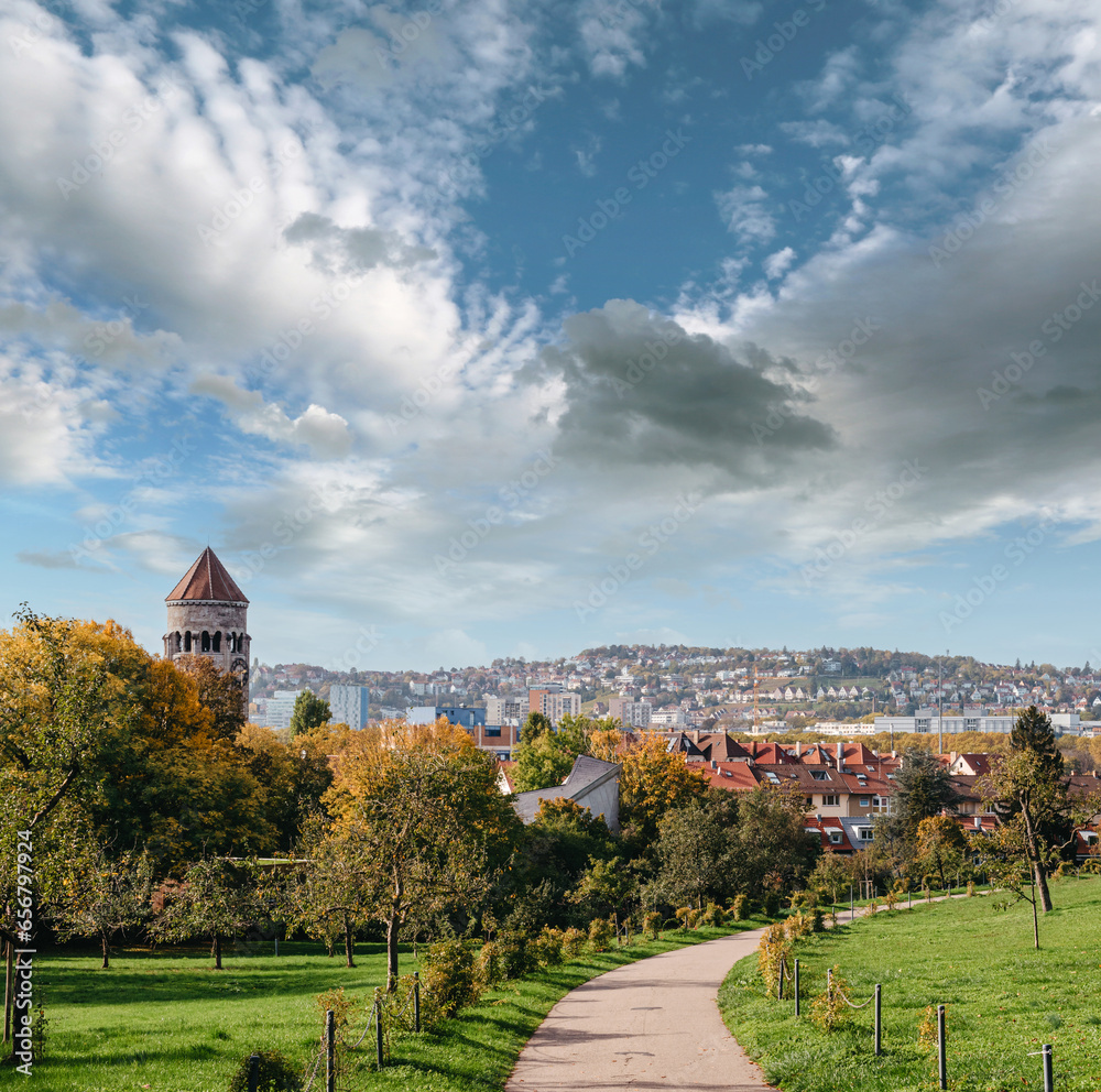 Germany, Stuttgart panorama view. Beautiful houses in autumn, Sky and nature landscape. Vineyards in Stuttgart - colorful wine growing region in the south of Germany with view over Neckar Valley