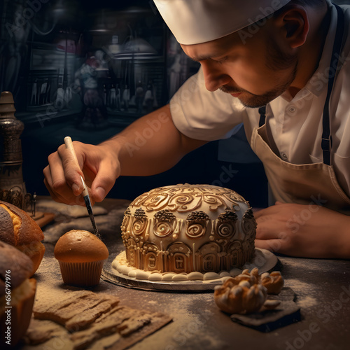 baker decorating a cake in a bakery. baker's hand and the intricate decorations of the cake. creativity and skill in the bakery, Generated AI