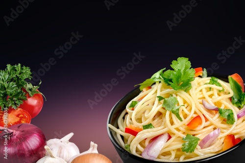 Bowl of tasty instant noodles or delicious pasta.