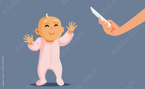 Mother Filming her Baby Taking his First Steps Vector Cartoon Illustration. Child walking for the first time being recorded with smartphone
