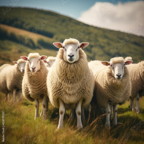 A contented group of sheep peacefully grazing on a green pasture, their fluffy coats swaying in the breeze © Tina