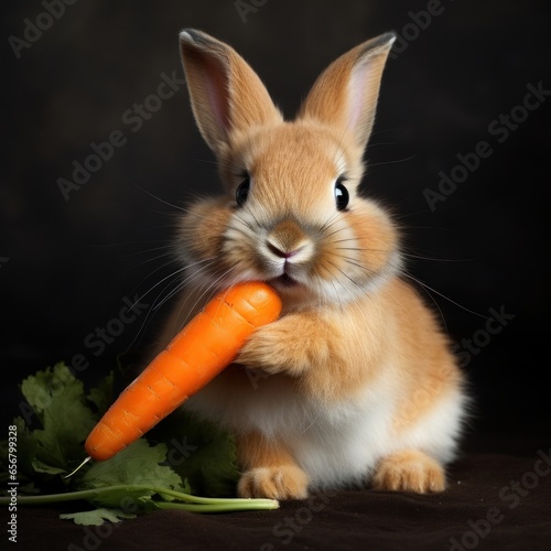 A contented rabbit munching on a carrot, its soft fur and twitching nose capturing the essence of cuteness photo