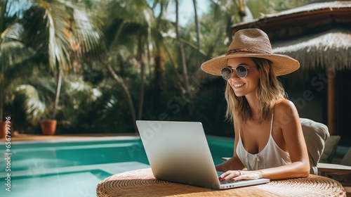 View of a female freelancer with a laptop against a tropical background, browsing tourist information and relaxing in a green park during the day in clear weather. distant work.