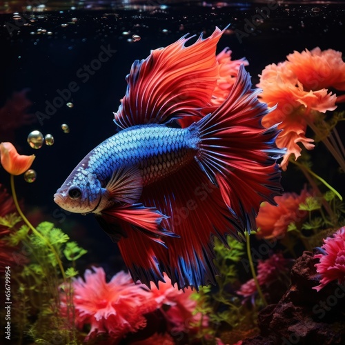 A serene Betta fish swimming gracefully in a beautifully decorated aquarium, its vibrant colors reflecting in the water