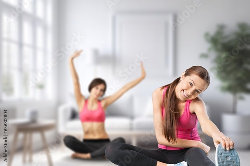Fitness sporty young women stretching, do exercise, AI generated image