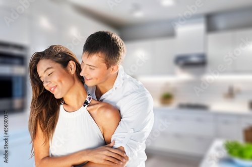 Happy young couple stand at home, AI generated image
