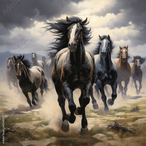 visual representation of a herd of wild horses galloping freely through an open field  their flowing manes and tails creating a sense of freedom