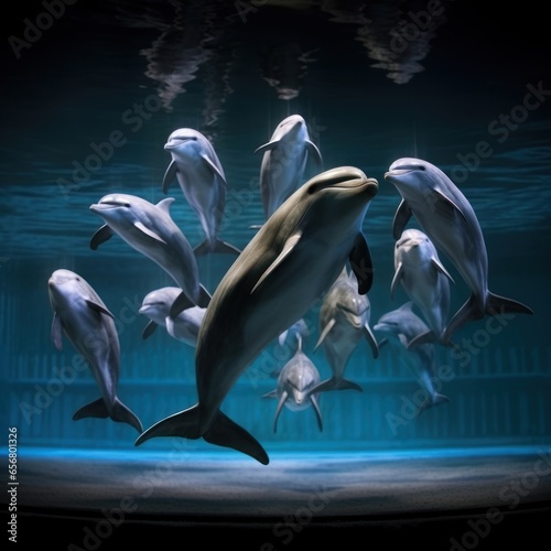 the synchronized swimming performance of a school of synchronized dolphins  their graceful movements creating a mesmerizing spectacle
