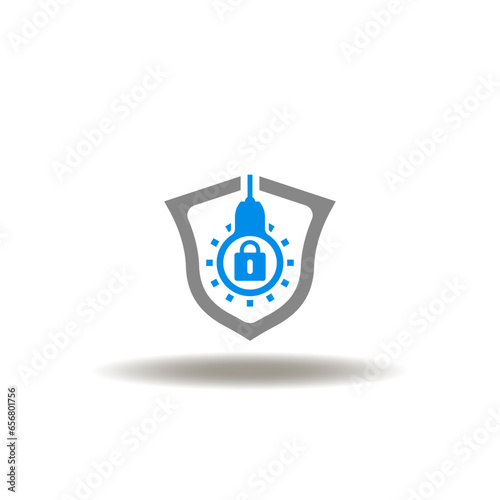 Vector illustration of shield with light bulb and lock. Icon of patent. Symbol of patent pending.