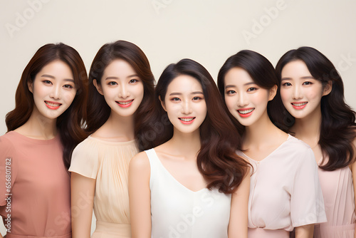 Group of happy young adult Asian women looking at camera