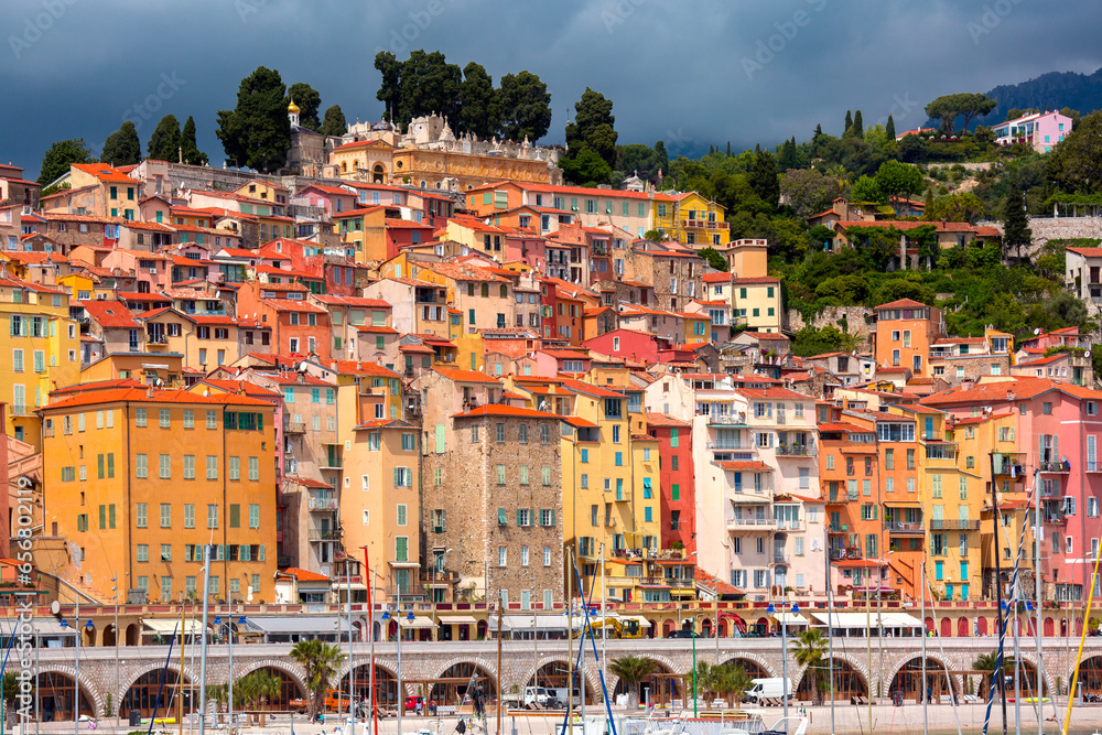 Colorful cosy houses in the Old Town of Menton, perle de la France, French Riviera, France