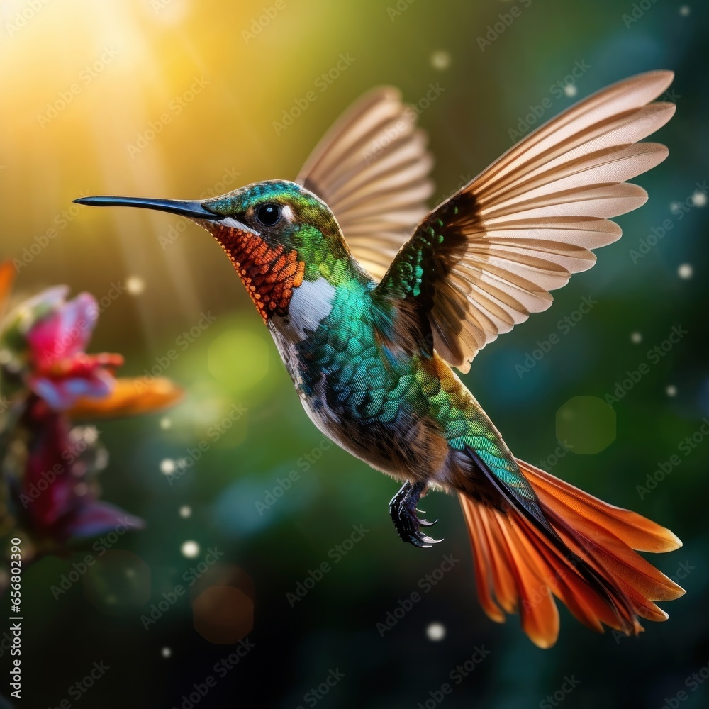 Obraz premium the extraordinary journey of a hummingbird as it migrates thousands of miles, relying on nectar from flowers to fuel its flight