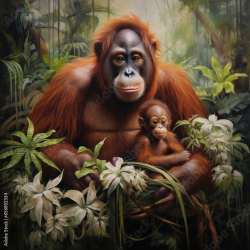 poignant scene of a mother orangutan cradling her baby in the lush rainforest, highlighting the plight of these critically endangered primates