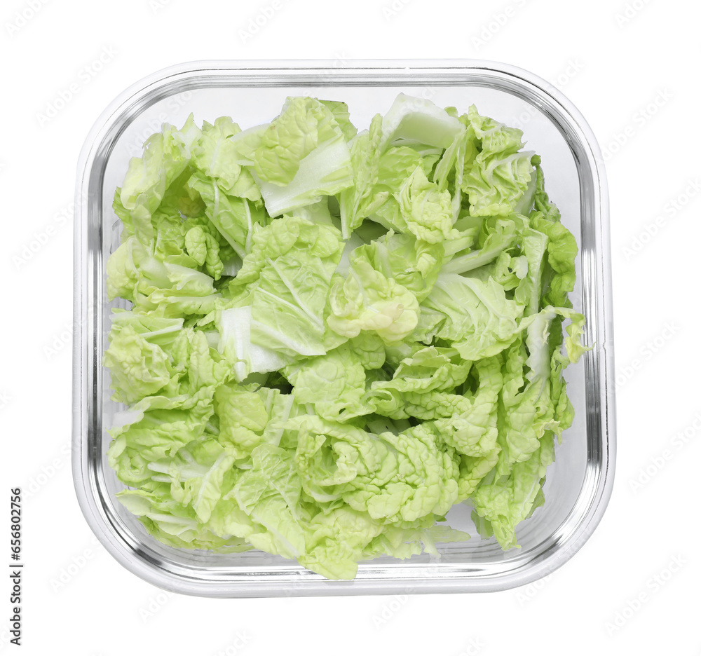 Glass container with fresh cabbage isolated on white, top view Glass container with fresh cabbage isolated on white, top view