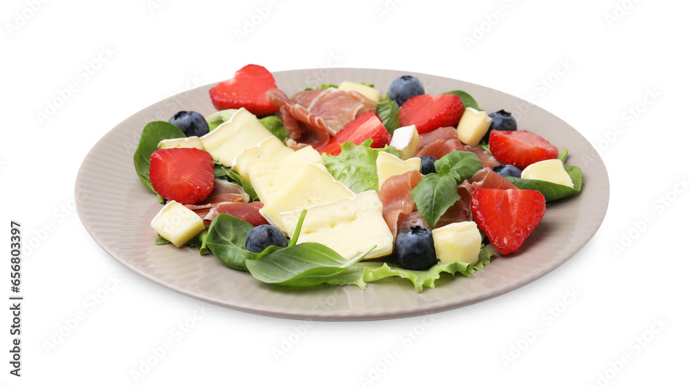Tasty salad with brie cheese, prosciutto and berries isolated on white Tasty salad with brie cheese, prosciutto and berries isolated on white