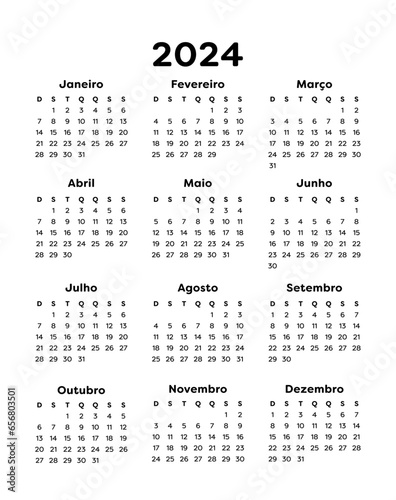 Calendário anual, calendário de 2024 com todos os meses: janeiro, fevereiro, março, abril, maio, junho, julho, agosto, setembro, outubro, novembro e dezembro. Planejamento Anual.
