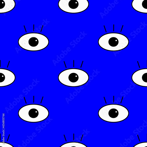 Simple graphic seamless pattern with open eyes and lashes on blue background