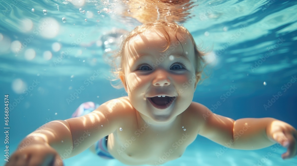 Cute smiling baby having fun swimming and diving in the pool at the resort on summer vacation. Sun shines under water and sparkling water reflection. Activities and sports to happy kid