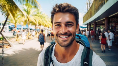 close-up shot of a good-looking male tourist. Enjoy free time outdoors near the city. Looking at the camera while relaxing on a clear day Poses for travel selfies smiling happy tropical #656804559