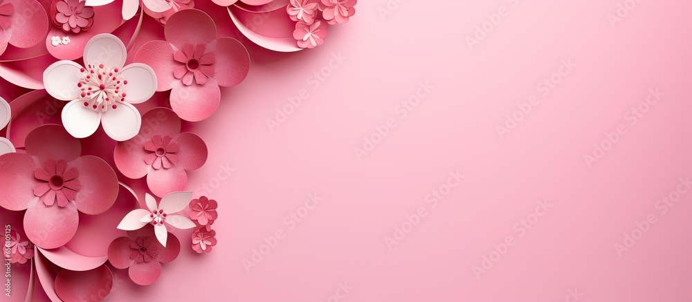 Womens Day banner with 8 shaped cut pink paper revealing spring flowers Womens Day banner with 8 shaped cut pink paper revealing spring flowers