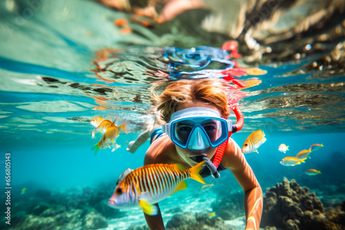 Young boy snorkeling in a transparent ocean watching tropical colorful fishes and enjoying a swim, underwater wonderland photo