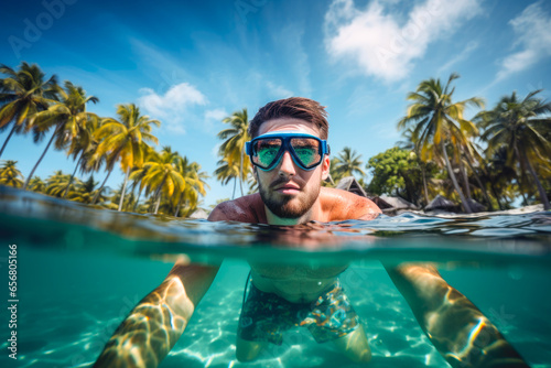 Handsome young man snorkeling in the shallow tropical clean ocean, enjoying swimming underwater on holidays